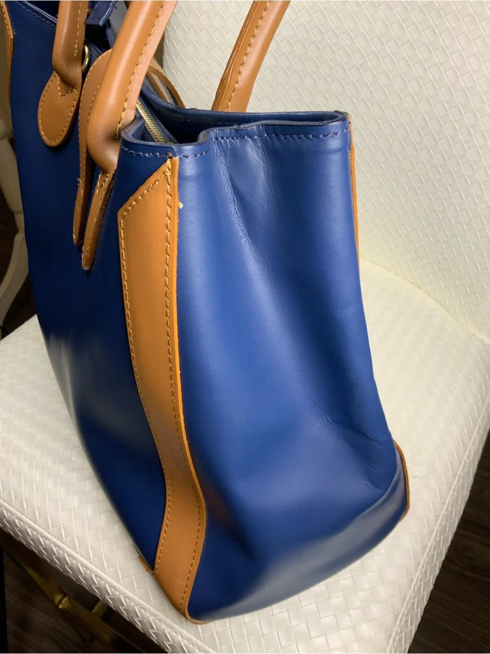 Chiara Ferretti Navy and Tan Leather Tote with Gold Hardware